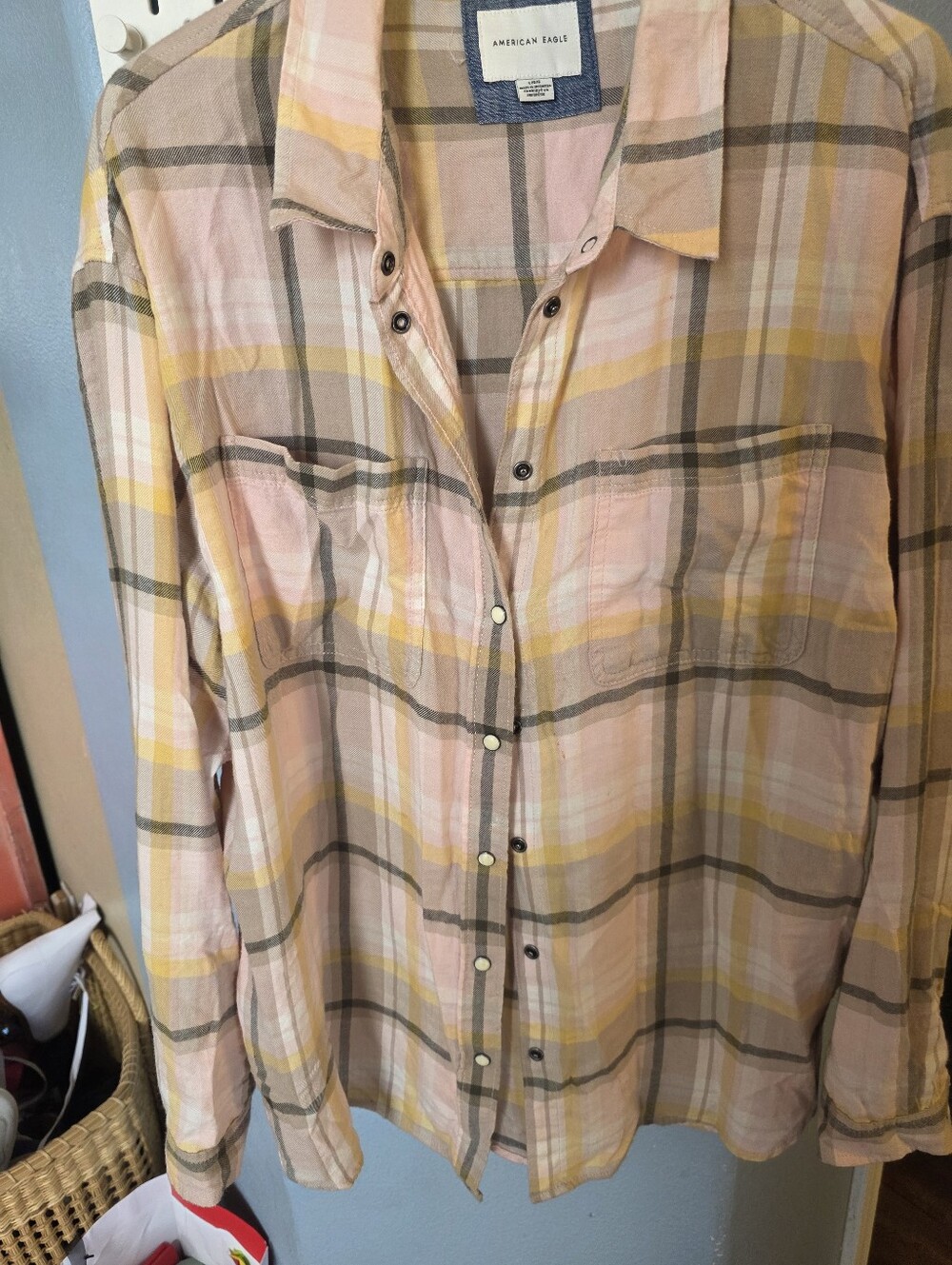 American Eagle Outfitters Pink and Yellow Plaid Button-Down Shirt